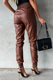 Brown Smocked High-Waist Leather Skinny Pants