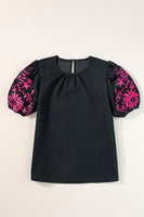 Black Floral Embroidered Textured Puff Sleeve T Shirt