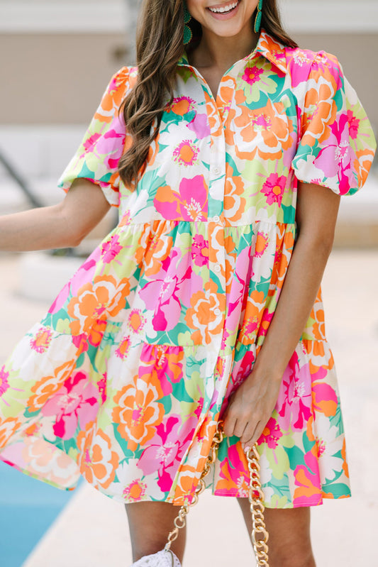 Pink Floral Puff Sleeve Collar Buttoned Babydoll Dress