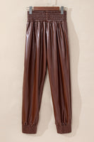 Brown Smocked High-Waist Leather Skinny Pants