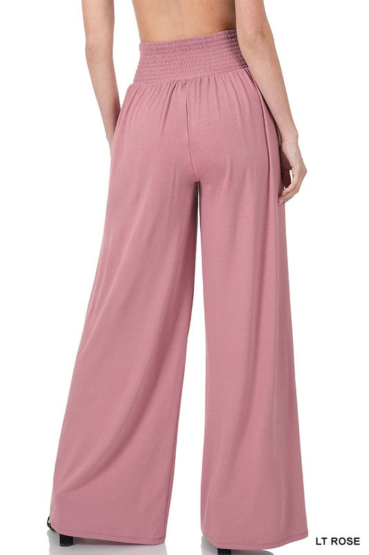 SMOCKED WAIST WIDE LEG PANTS