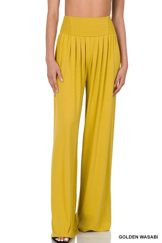 SMOCKED WAIST WIDE LEG PANTS