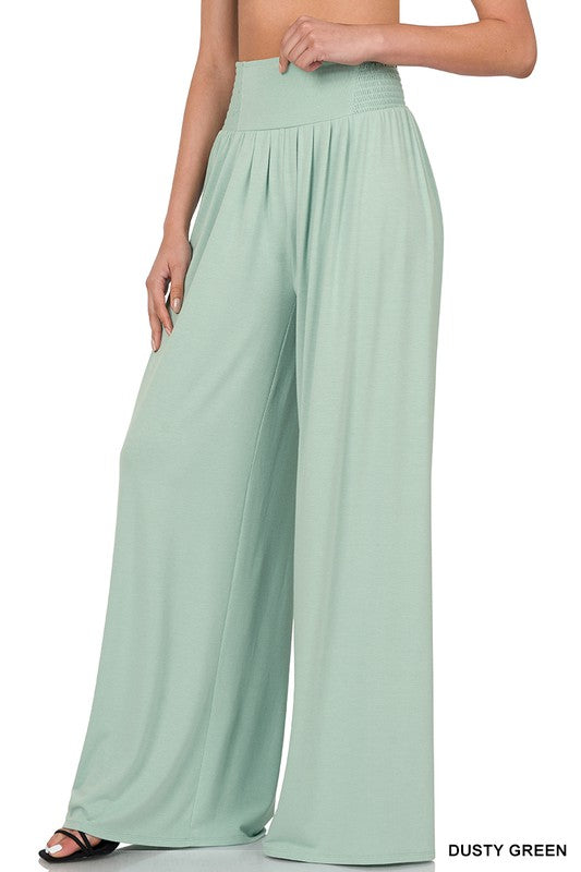 SMOCKED WAIST WIDE LEG PANTS