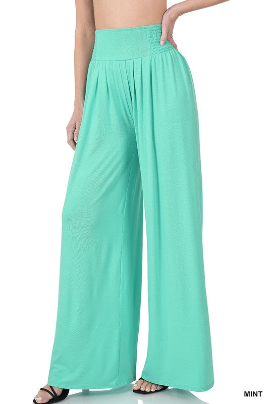 SMOCKED WAIST WIDE LEG PANTS