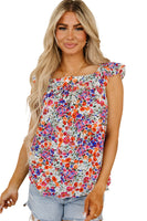 Rose Red Floral Square Neck Flutter Tank Top