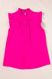 Bright Pink Pleated Mock Neck Frilled Trim Sleeveless Top