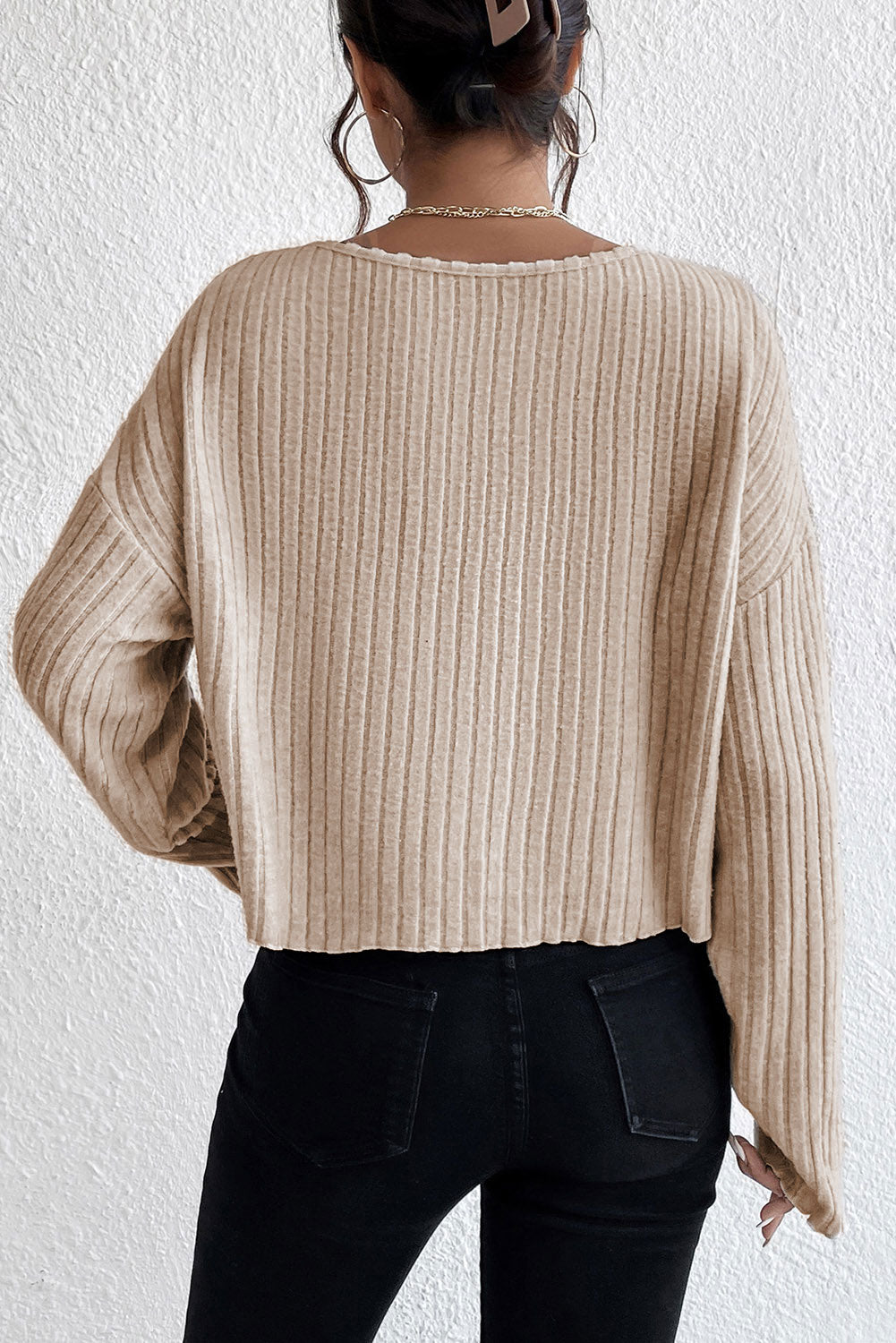 Beige Lettuce Cuffs Drop Shoulder Loose Ribbed Knit Top