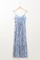 Sky Blue Floral Print Ruffled Ruched Maxi Dress