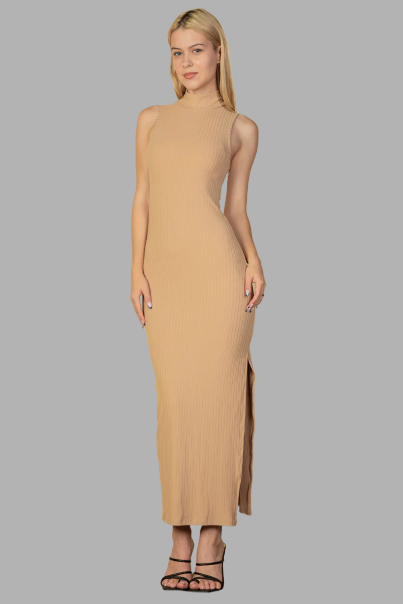 Ribbed Mock Neck Side Slit Sleeveless Bodycon Maxi Dress