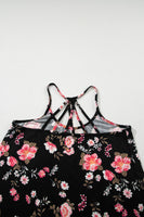 Black Floral Spaghetti Straps Strappy Back Tank Top