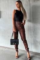 Brown Smocked High-Waist Leather Skinny Pants