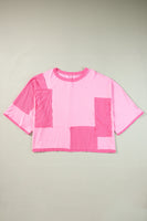 Pink Color Block Patchwork 3/4 Sleeve Loose Top