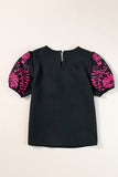 Black Floral Embroidered Textured Puff Sleeve T Shirt