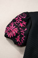 Black Floral Embroidered Textured Puff Sleeve T Shirt