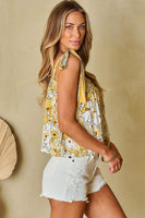 Yellow Floral Patchwork Tied Straps Buttoned Tank Top