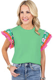 Light Green Contrast Ricrac Floral Sleeve Top